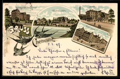 Lithographie Chemnitz, Zimmermannsche Naturheilanstalt, Bahnhof, Postamt