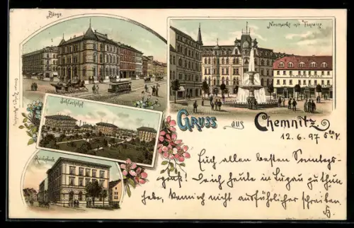 Lithographie Chemnitz, Börse, Neumarkt mit Fontäne, Schlachthof, Reichsbank