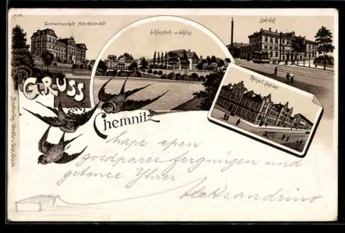 Lithographie Chemnitz, Zimmermannsche Naturheilanstalt, Bahnhof, Postamt