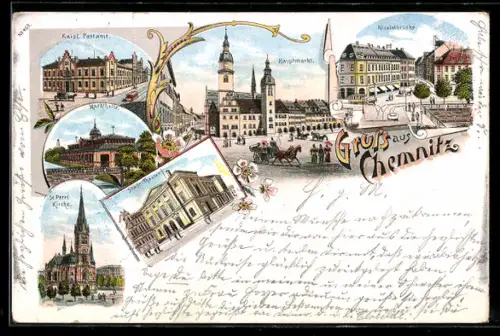 Lithographie Chemnitz, Hauptmarkt, Nicolaibrücke