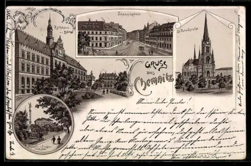 Lithographie Chemnitz, Johannisplatz, St. Petrikirche, Theater und Sieges-Denkmal