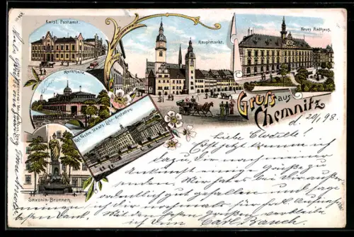Lithographie Chemnitz, Neues Rathaus, Kgl. Techn. Staats-Lehr-Anstalten, Saxonia-Brunnen, Strassenbahn, Pferdekutsche