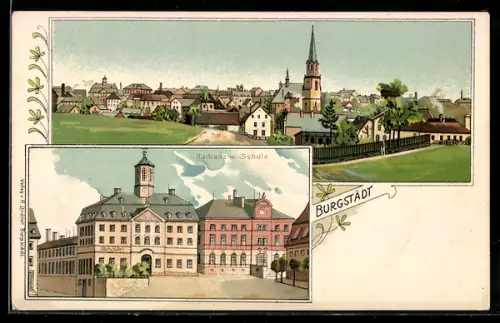Lithographie Burgstädt, Panorama der Stadt, Rathaus mit Schule