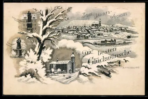 Winter-Lithographie Annaberg, Panorama und verschneite Kirche, Barbara Uttmann und Luther-Denkmäler