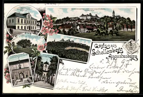 Lithographie Augustusburg, Hotel weisser Hirsch, Schloss Augustusburg