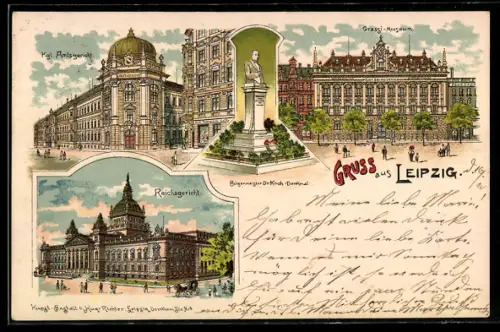 Lithographie Leipzig, Grassi-Museum, Dr. Koch-Denkmal und Kgl. Amtsgericht