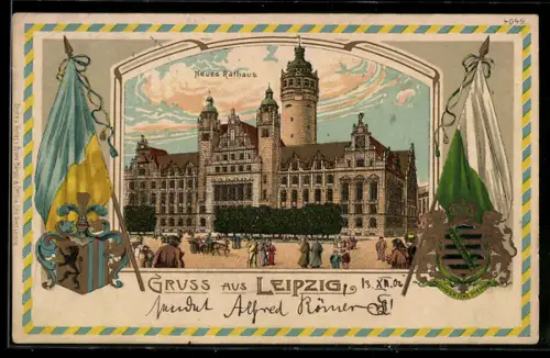Passepartout-Lithographie Leipzig, Neues Rathaus, Wappen und Fahnen