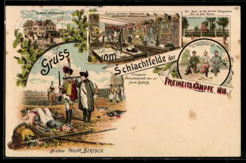 Lithographie Leipzig, Gasthaus Napoleonstein mit Museum, Napoleonstein- Denkmal