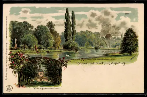 Lithographie Leipzig, Rosenthalteich, Blick auf das Gohliser Schloss