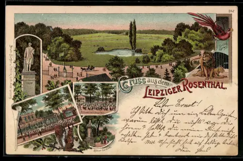 Lithographie Leipzig, Rosenthal, Gellert, Bonorand, Schweizerhäuschen, Zöllner-Denkmal