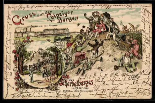Lithographie Leipzig, Passanten auf dem Scherbelberg, Panorama von Mökern
