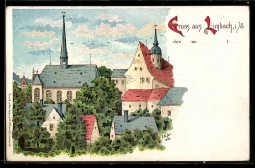 Lithographie Limbach / Sachsen, Totalansicht der Kirche