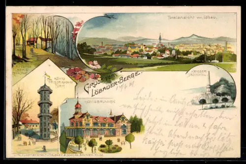 Lithographie Löbau i. Sa., Gasthaus Honigbrunnen, König Friedrich August Turm