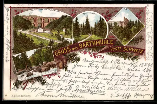 Lithographie Barthmühle / Vogtl. Schweiz, Elsterthalbrücke, Pyramidenwiese und Ruine Liebau