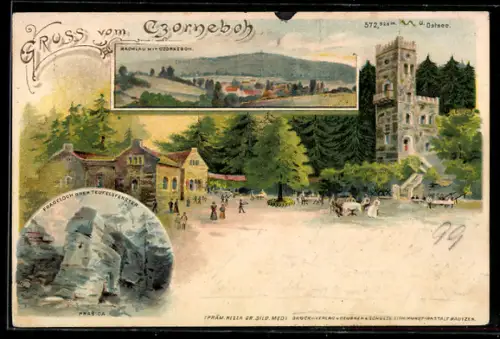 Lithographie Czorneboh, Frageloch oder Teufelsfenster, Ortsansicht