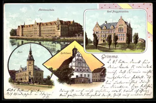 AK Grimma, Fürstenschule, Rathaus, Post & Real Progymnasium