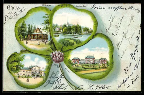 Passepartout-Lithographie Bad Elster, Waldcaffee, Kurhaus, Badehaus im Kleeblatt