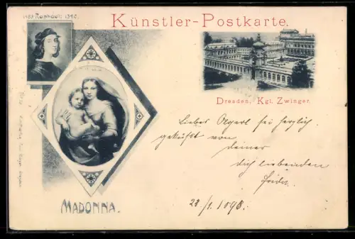 AK Dresden, Königlicher Zwinger und Raphaels Madonna mit Portrait