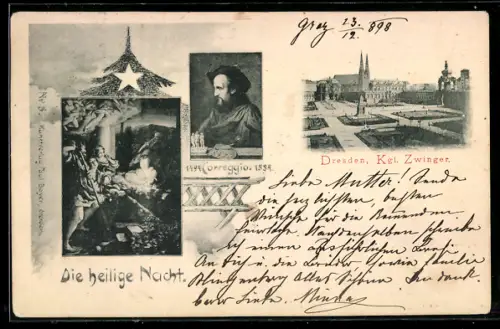 AK Dresden, Königlicher Zwinger und Heilige Nacht von Correggio mit Portrait