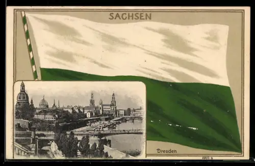 AK Dresden, Teilansicht des Ortes mit sächsischer Flagge