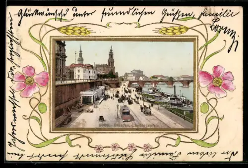 Präge-AK Dresden, Partie am Landungsplatz mit Blumen im Passepartout