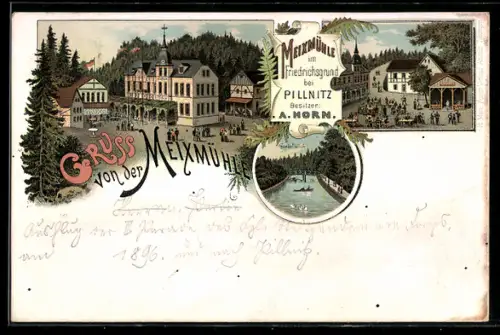 Lithographie Dresden-Pillnitz, Gasthaus Meixmühle im Friedrichsgrund, Garten, Gondelteich