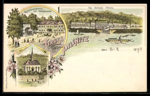 Lithographie Dresden-Pillnitz, Königliches Schloss, Schlossrestaurant und Schlosswacht