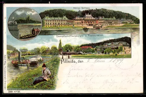 Lithographie Dresden-Pillnitz, Kgl. Schloss, Dampfschifflandeplatz & Restauration