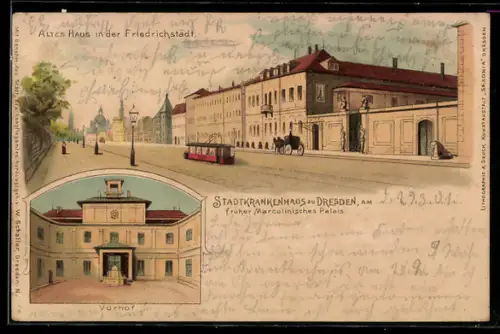 Lithographie Dresden, Stadtkrankenhaus, früher Marcolinisches Palais, Vorhof