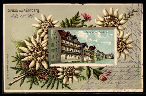 Passepartout-Lithographie Nürnberg, Partie an der Pegnitz mit Blumen im Passepartout