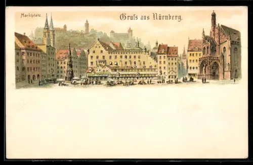 Lithographie Nürnberg, Partie am Marktplatz mit Denkmal und Kirche