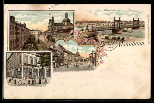 Lithographie Mannheim, Planken, Neckarbrücke, Schillerplatz