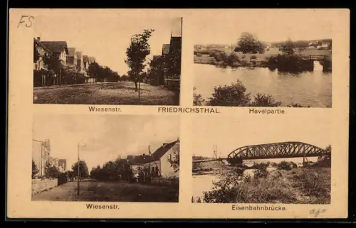 AK Friedrichsthal, Partie in der Wiesenstrasse, Teilansicht von der Havel und Eisenbahnbrücke