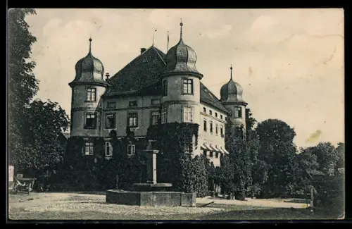 AK Messbach, Schloss mit Gartenanlage und Brunnen