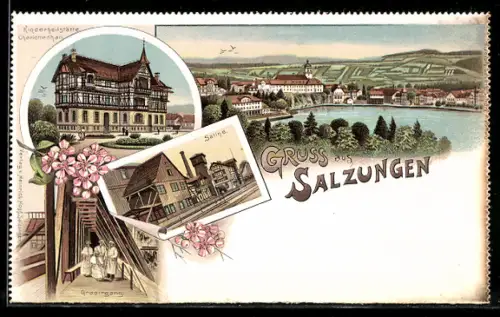 Lithographie Salzungen, Totalansicht, Kinderheilstätte Charlottenhall und Saline