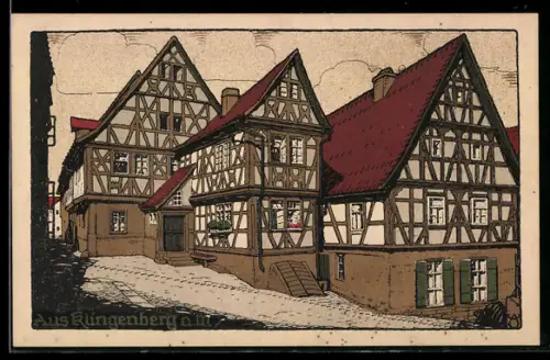 Steindruck-AK Klingenberg / Main, Fachwerkhäuser im Ort