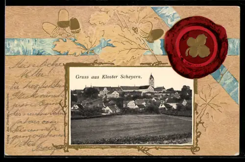 Grusskarten-AK Scheyern, Totalansicht des Ortes mit Kloster und Siegel mit Kleeblatt im Passepartout