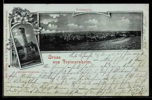 Lithographie Freimersheim, Totalansicht und Kriegerdenkmal