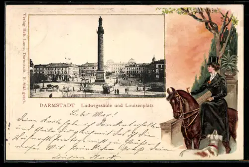 Passepartout-Lithographie Darmstadt, Ludwigssäule und Louisenplatz, Reiterin mit Hund im Passepartout