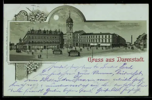 Mondschein-Lithographie Darmstadt, Ernst Ludwig-Platz, Weisser Turm, Strassenbahn