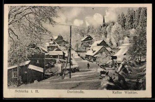 AK Schierke i. H., Dorfstrasse mit Kaffee Winkler im Winter