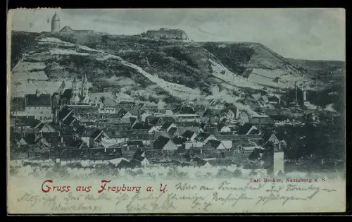 AK Freyburg a. U., Ortsansicht mit Kirche gegen die Anhöhen