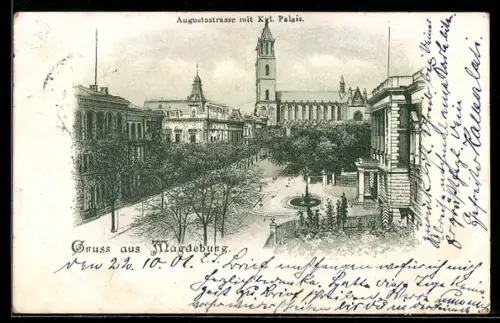 Lithographie Magdeburg, Auguststrasse mit Kgl. Palais