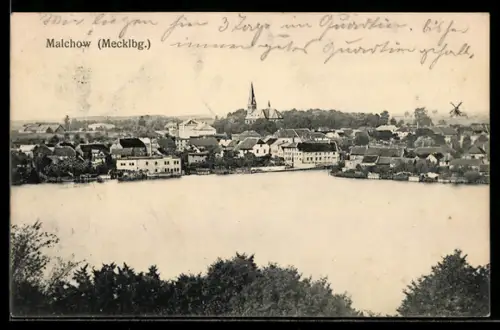 AK Malchow /Mecklbg., Ortsansicht mit Kirche aus der Vogelschau