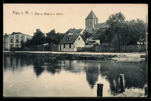 AK Plau, Elde m. Blick a. d. Kirche, Wasserstrasse