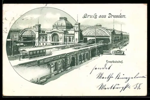 Lithographie Dresden, Hauptbahnhof mit Strassenbahn