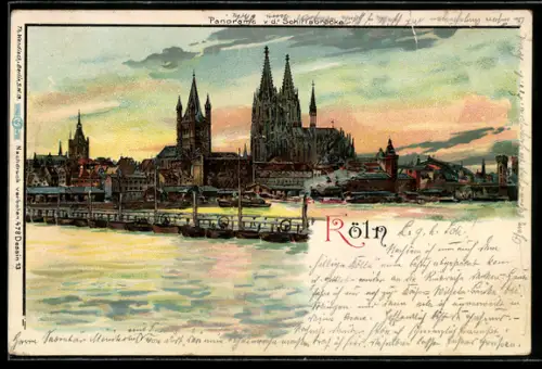 Lithographie Köln, Panorama v. d. Schiffsbrücke, Dom