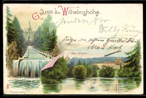 Lithographie Kassel-Wilhelmshöhe, Partie am Schloss mit Cascaden