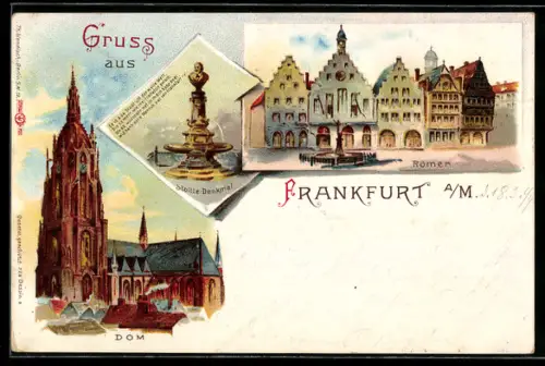 Lithographie Alt-Frankfurt, Dom, Römer, Stoltze-Denkmal