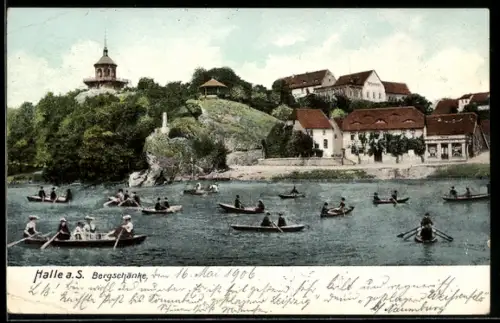 AK Halle a. S., Bergschänke, Ruderboote auf der Saale